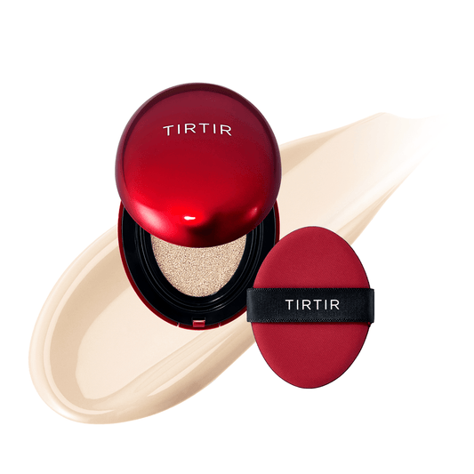 Red cushion compact with beige powder, open sponge and closed lid, TIRTIR logo
