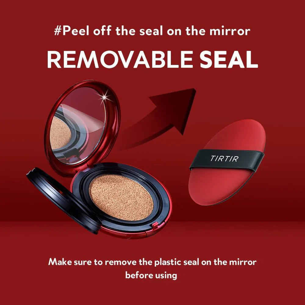 Red cushion compact with mirror and puff pad; TIRTIR logo on open case