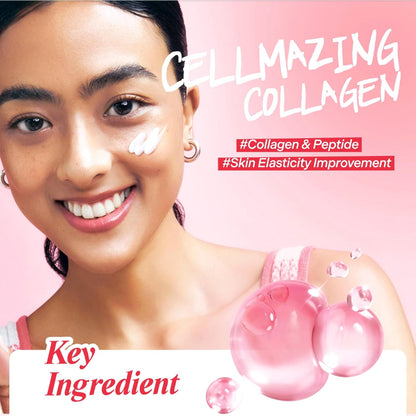 Woman with applied eye cream dots and pink collagen spheres