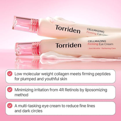 Pair of eye cream tubes with pink caps and clear applicator tips