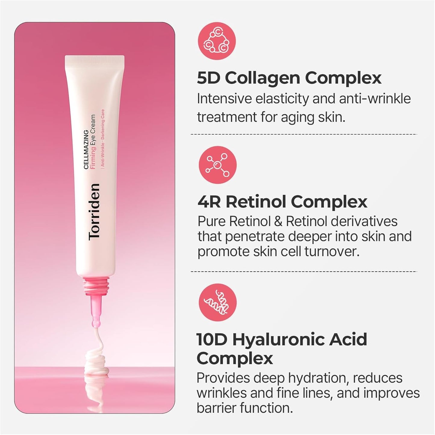 Cream eye cream tube with pink nozzle and ingredient complex panel