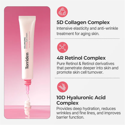 Cream eye cream tube with pink nozzle and ingredient complex panel