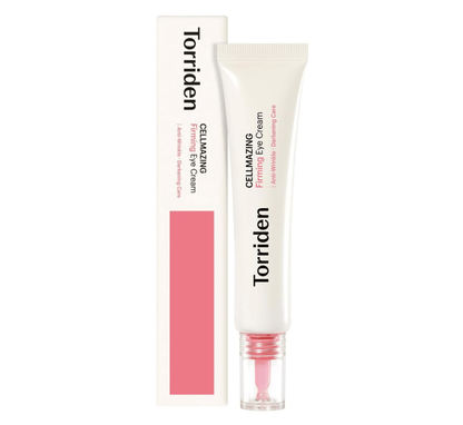 Torriden Cellmazing firming eye cream tube with pink cap and clear applicator