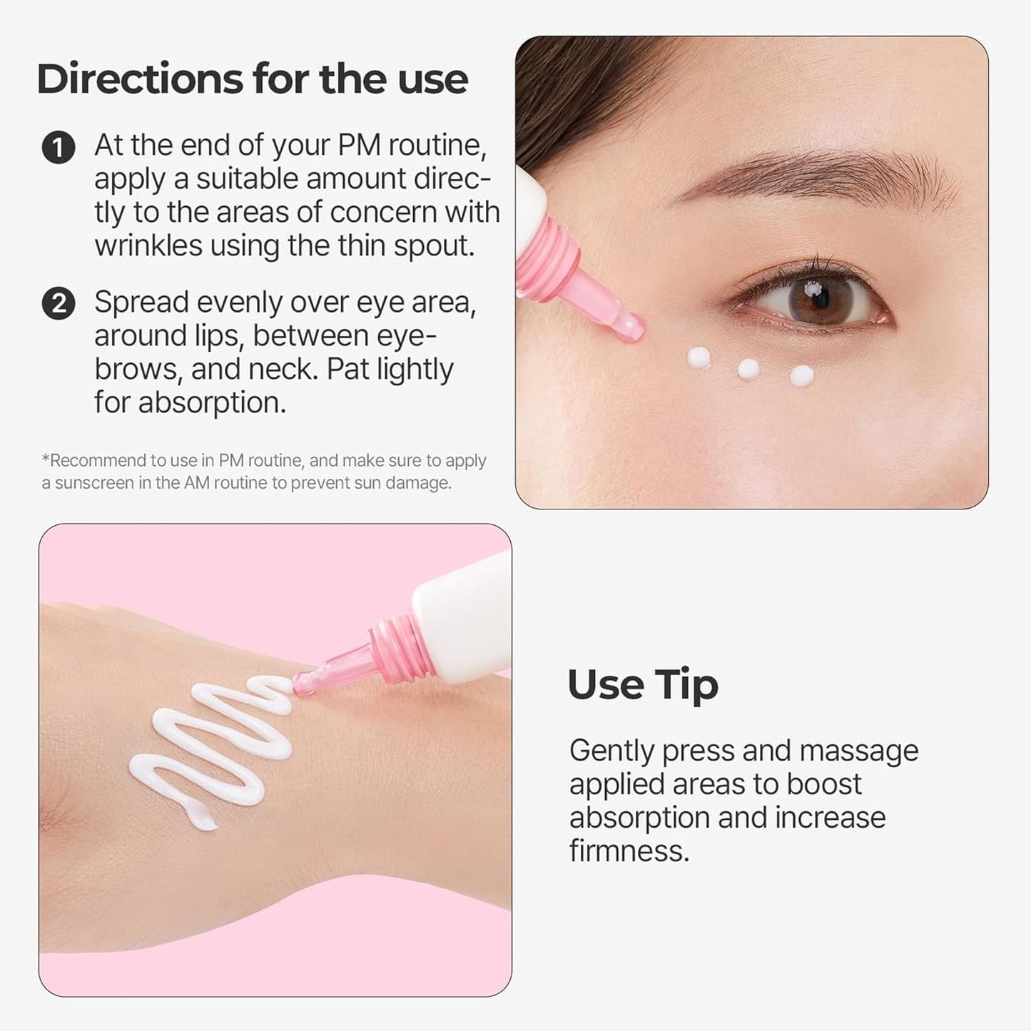 Pink-tipped eye cream nozzle dispensing cream near the eye area
