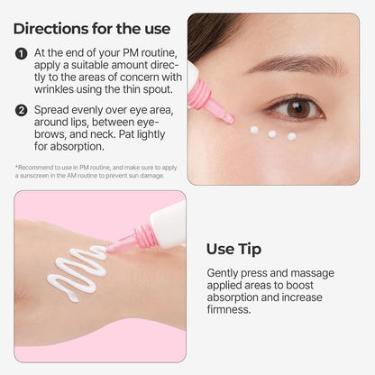 Pink-tipped eye cream nozzle dispensing cream near the eye area