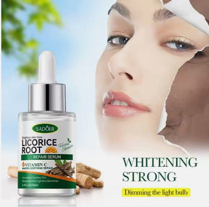 Vitamin C repair face serum bottle with dropper beside a close-up face.