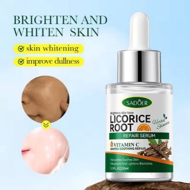 Vitamin C repair face serum bottle with dropper, shown with skin-area callouts.