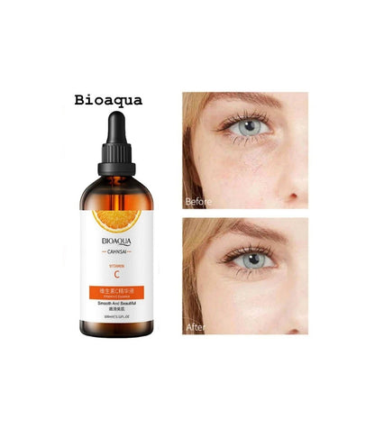 Vitamin C serum bottle with before-and-after close-up of eye area