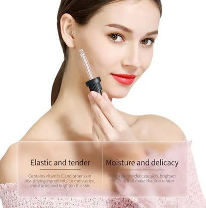 Woman applying Vitamin C face serum with dropper to cheek area