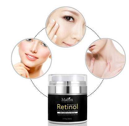 MaBox retinol eye cream jar with silver lid, with circular face inserts