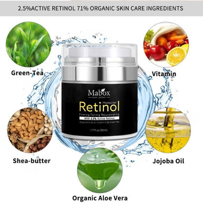 MaBox retinol eye cream jar with ingredient graphics like green tea and aloe vera