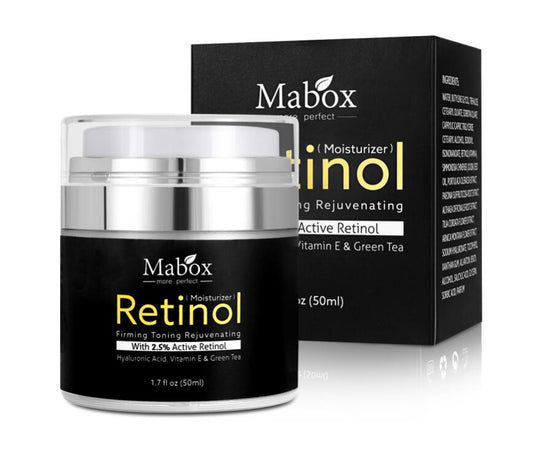 MaBox retinol eye cream jar with silver lid, black label