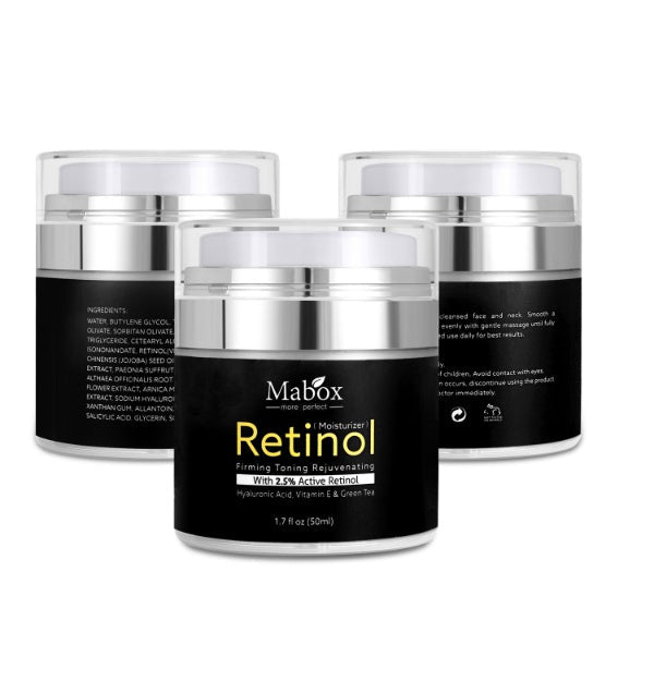 MaBox retinol eye cream set of three jars with silver lids, black labels