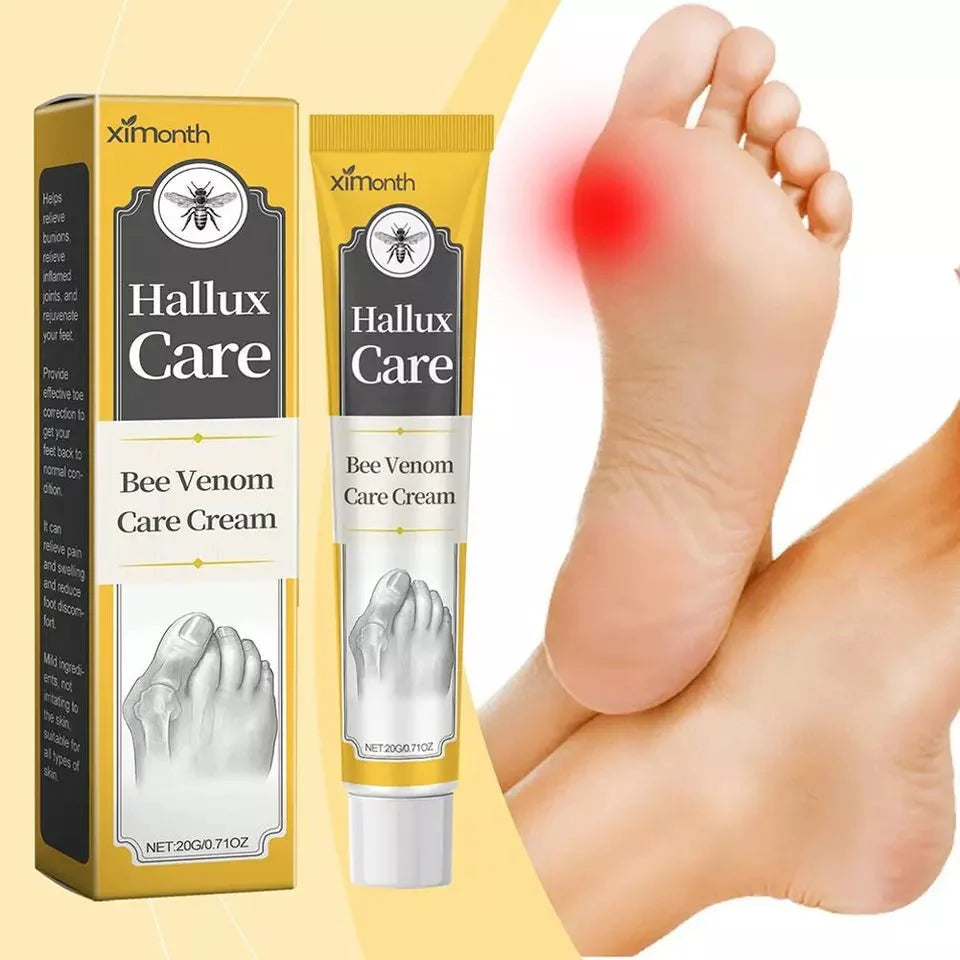 Ximonth Hallux Care bee venom care cream with tube and box, shown beside a foot