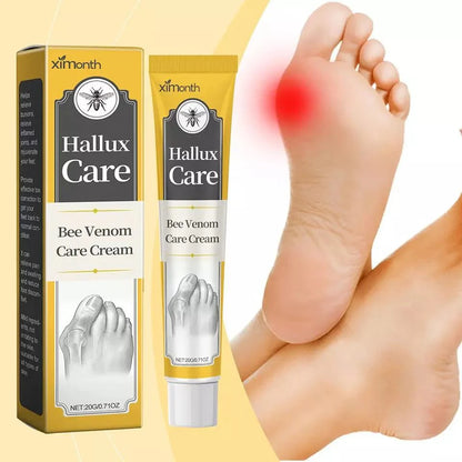 Ximonth Hallux Care bee venom care cream with tube and box, shown beside a foot