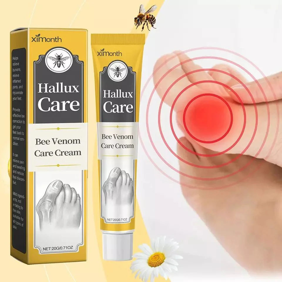 Ximonth Hallux Care bee venom cream tube and box with foot relief target graphic